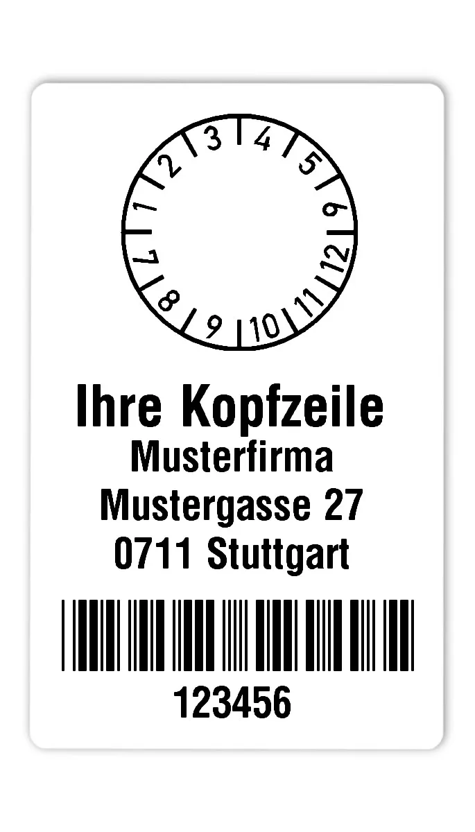Prüfplakettenträger Material:Polyethylen-Folie hochglänzend weiß Größe:80x50mm Kopfzeile:"Ihr Wunschtext" Barcode:Code 39 ohne Prüfziffer Stellenanzahl:6-stellig Ausführung:1 Etikette pro Nummer Menge:300