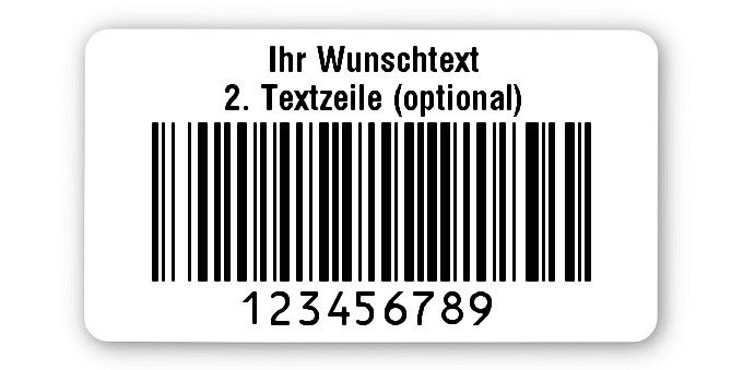 1000x Prüfetiketten Folie weiß, 45x25mm, 128B 9-stellig ff, Ihr Wunschtext, 1 Etikett pro Nummer