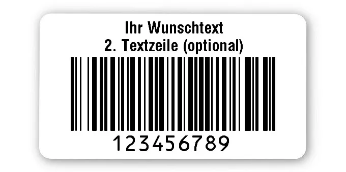 Prüfetiketten Material:Polyethylen-Folie hochglänzend weiß Größe:45x25mm Kopfzeile:"Ihr Wunschtext" Barcode:128B Stellenanzahl:9-stellig Ausführung:1 Etikette pro Nummer Menge:1000