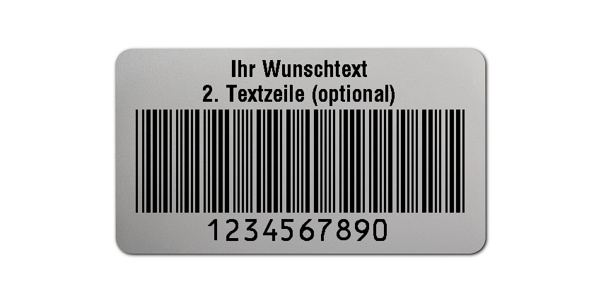 500x Prüfetiketten Folie silber, 45x25mm, 10-stellig ff, Ihr Wunschtext, 1 Etikett pro Nummer