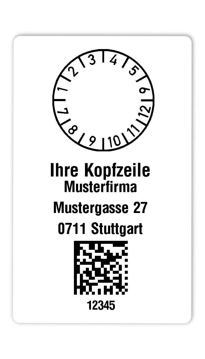 300x Prüfplaketten Folie weiß, 80x50mm, DataMatrix 5-stellig ff, Ihr Wunschtext, 1 Etikett pro Nummer