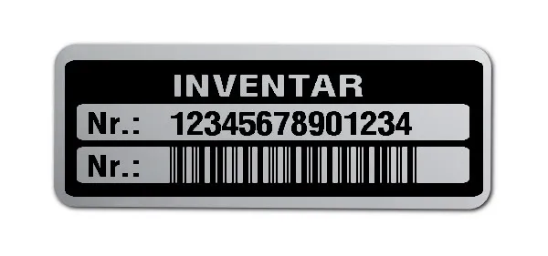 Inventaretiketten Material:Polyester-Folie Silberoptik matt Größe:40x15mm Kopfzeile:"Inventar" Barcode:2a5 interleaved Stellenanzahl:14-stellig Menge:500