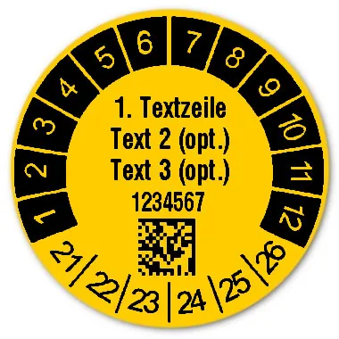 Produktbild:Prüfetiketten Material:Folie gelb Größe:Ø 30mm Kopfzeile:"Ihr Wunschtext" Barcode:DataMatrix Stellenanzahl:7-stellig Ausführung:1 Etikett pro Nummer Etiketten je Rolle:1000