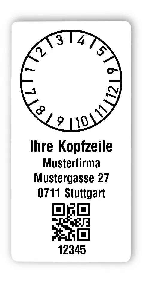 Prüfplakettenträger Material:Polyethylen-Folie hochglänzend weiß Größe:68x34mm Kopfzeile:"Ihr Wunschtext" Barcode:QR Stellenanzahl:5-stellig Ausführung:1 Etikette pro Nummer Menge:300