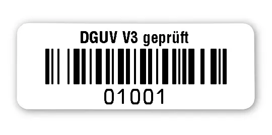 Universaletiketten Material:Folie hochglänzend weiß Größe:40x15mm Kopfzeile:"DGUV V3 geprüft" Barcode:128B Stellenanzahl:5-stellig Ausführung:1 Etikette pro Nummer Menge:1000