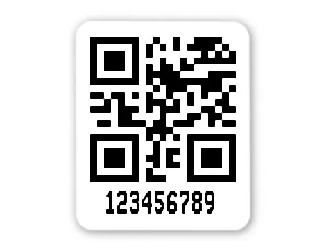 Archivierungsetiketten Material:Polyethylen-Folie hochglänzend weiß Größe:26x22mm Kopfzeile:"ohne" Barcode:QR Stellenanzahl:9-stellig Menge:1000