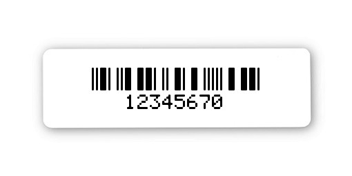 Universaletiketten Material:Folie hochglänzend weiß Größe:31x9mm Kopfzeile:"ohne" Barcode:2a5 mit Prüfziffer Stellenanzahl:8-stellig Ausführung:2 Etiketten pro Nummer Menge:100