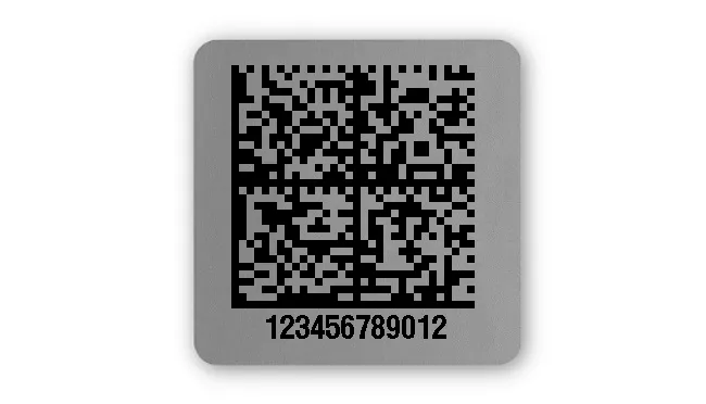 Universaletiketten Material:Polyester-Folie Silberoptik matt Größe:26x26mm Kopfzeile:"ohne" Barcode:DataMatrix Stellenanzahl:12-stellig Ausführung:1 Etikette pro Nummer Menge:1000