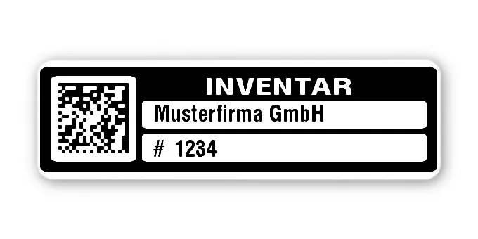 Inventaretiketten Material:Polyethylen-Folie hochglänzend weiß Größe:50x15mm Kopfzeile:"Ihr Wunschtext" Barcode:DataMatrix Stellenanzahl:4-stellig Menge:500