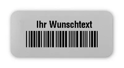 Universaletiketten Material:Polyester-Folie Silberoptik matt Größe:26x12mm Kopfzeile:"Ihr Wunschtext" Barcode:Code 39 mit Prüfziffer Stellenanzahl:4-stellig Ausführung:1 Etikette pro Nummer Menge:100