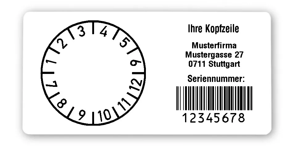 Prüfplakettenträger Material:Polyethylen-Folie hochglänzend weiß Größe:68x34mm Kopfzeile:"Ihr Wunschtext" Barcode:128B Stellenanzahl:8-stellig Ausführung:1 Etikette pro Nummer Menge:300