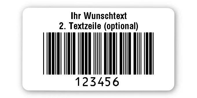 Prüfetiketten Material:Polyethylen-Folie hochglänzend weiß Größe:45x25mm Kopfzeile:"Ihr Wunschtext" Barcode:Code 39 ohne Prüfziffer Stellenanzahl:6-stellig Ausführung:1 Etikette pro Nummer Menge:1000