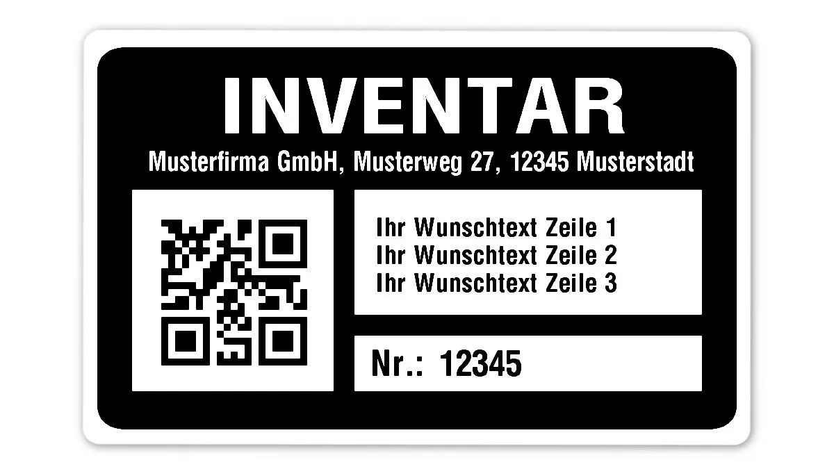 Inventaretiketten Material:Polyethylen-Folie hochglänzend weiß Größe:80x50mm Kopfzeile:"Ihr Wunschtext" Barcode:QR Stellenanzahl:5-stellig Menge:100