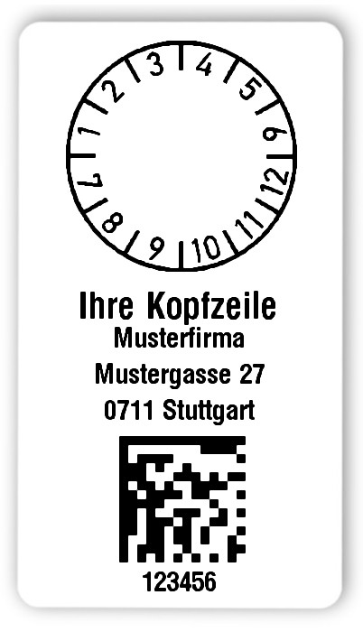 300x Prüfplaketten Folie weiß, 54x30mm, DataMatrix 6-stellig ff, Ihr Wunschtext, 1 Etikett pro Nummer