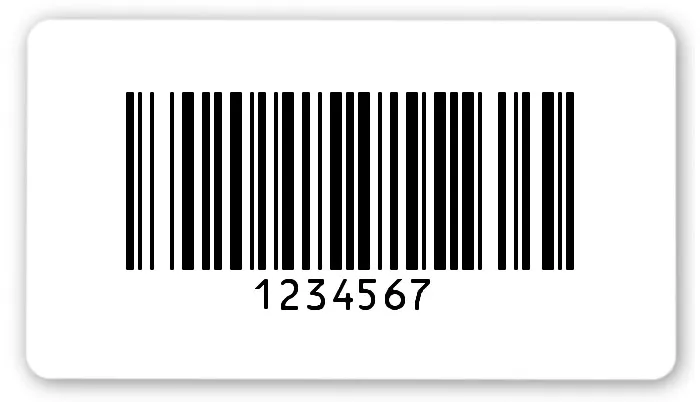 Universaletiketten Material:Polyethylen-Folie hochglänzend weiß Größe:54x30mm Kopfzeile:"ohne" Barcode:128B Stellenanzahl:7-stellig Ausführung:1 Etikette pro Nummer Menge:1000