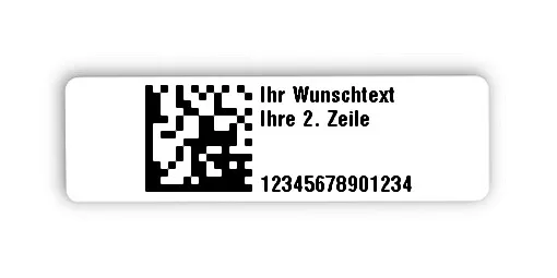 Universaletiketten Material:Folie hochglänzend weiß Größe:31x9mm Kopfzeile:"Ihr Wunschtext" Barcode:DataMatrix Stellenanzahl:14-stellig Ausführung:2 Etiketten pro Nummer Menge:100