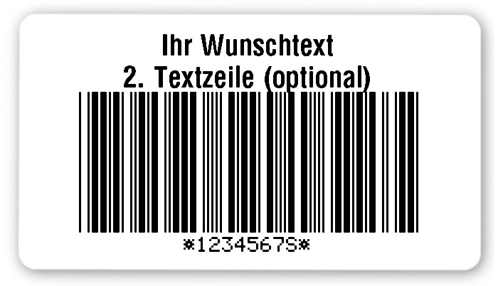 1000x Etiketten Folie weiß, 54x30mm, Code 39 mit Prüfziffer 8-stellig ff, Ihr Wunschtext, 1 Etikett pro Nummer