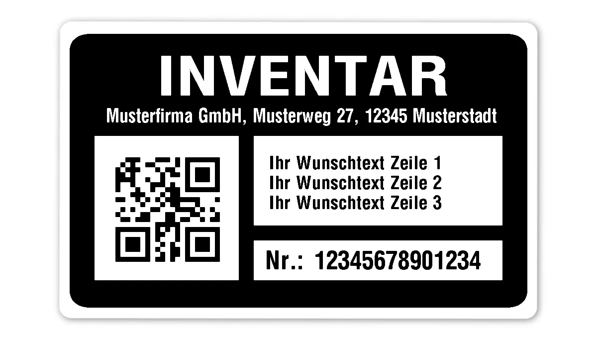 Inventaretiketten Material:Polyethylen-Folie hochglänzend weiß Größe:80x50mm Kopfzeile:"Ihr Wunschtext" Barcode:QR Stellenanzahl:14-stellig Menge:100