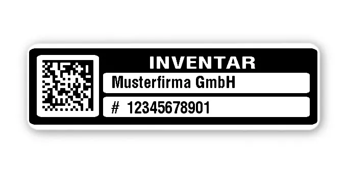 Inventaretiketten Material:Polyethylen-Folie hochglänzend weiß Größe:50x15mm Kopfzeile:"Ihr Wunschtext" Barcode:DataMatrix Stellenanzahl:11-stellig Menge:1000