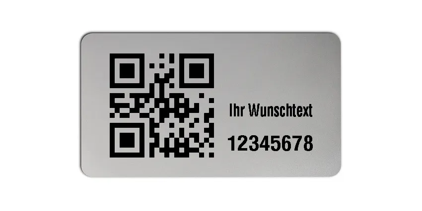 Inventaretiketten Universal Material:Polyester-Folie Silberoptik matt Größe:45x25mm Kopfzeile:"Ihr Wunschtext" Barcode:QR Stellenanzahl:8-stellig Menge:1000
