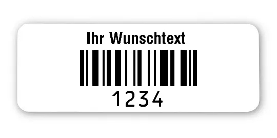 Sonderetiketten Material:Folie hochglänzend weiß Größe:40x15mm Kopfzeile:"Ihr Wunschtext" Barcode:128C Stellenanzahl:4-stellig Ausführung:1 Etikette pro Nummer Menge:1000