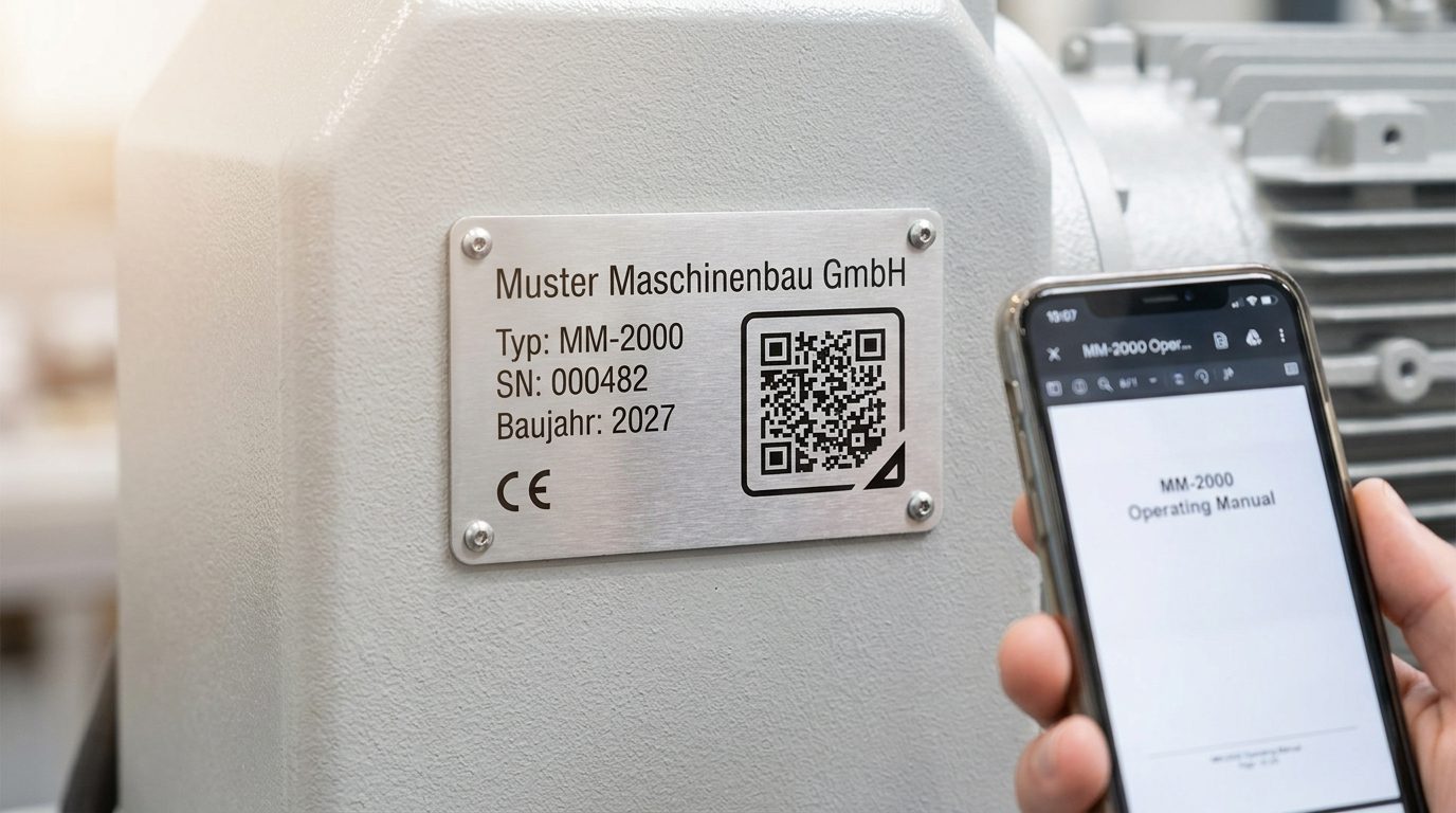 Typenschild mit QR-Code nach IEC 61406 an einer Industriemaschine, daneben Smartphone mit digitaler Betriebsanleitung