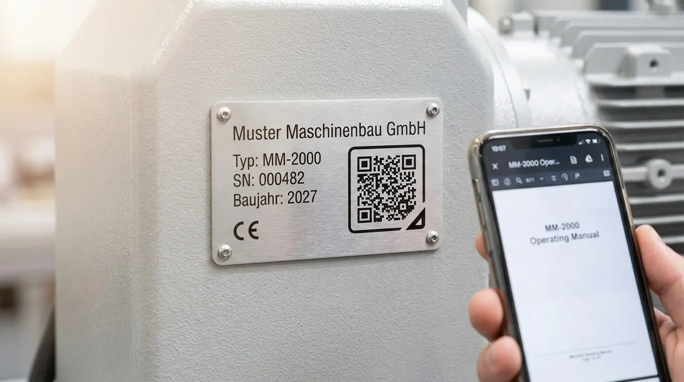 Typenschild mit QR-Code nach IEC 61406 an einer Industriemaschine, daneben Smartphone mit digitaler Betriebsanleitung