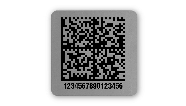 100x Etiketten Folie silber, 26x26mm, DataMatrix 16-stellig ff, 1 Etikett pro Nummer