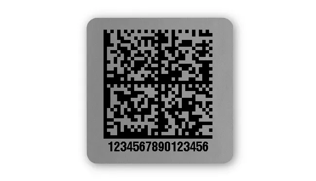 Universaletiketten Material:Polyester-Folie Silberoptik matt Größe:26x26mm Kopfzeile:"ohne" Barcode:DataMatrix Stellenanzahl:16-stellig Ausführung:1 Etikette pro Nummer Menge:100