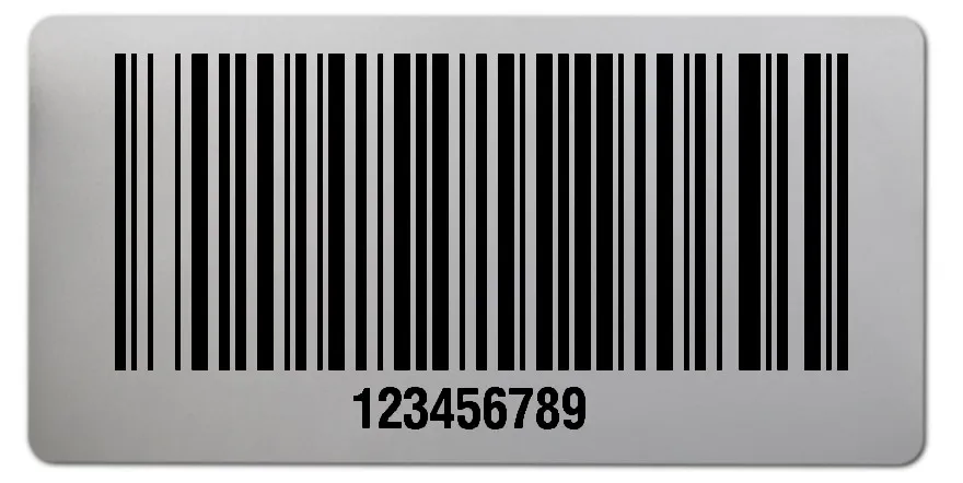 Universaletiketten Material:Polyester-Folie Silberoptik matt Größe:68x34mm Kopfzeile:"ohne" Barcode:128B Stellenanzahl:9-stellig Ausführung:1 Etikette pro Nummer Menge:1000
