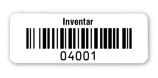 Universaletiketten Material:Folie hochglänzend weiß Größe:40x15mm Kopfzeile:"Inventar" Barcode:128B Stellenanzahl:5-stellig Ausführung:1 Etikette pro Nummer Menge:1000