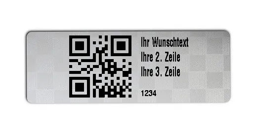 Universaletiketten Material:Polyester-Folie Silberoptik Siegeletikette Größe:36x13mm Kopfzeile:"Ihr Wunschtext" Barcode:QR Stellenanzahl:4-stellig Ausführung:1 Etikette pro Nummer Menge:1000