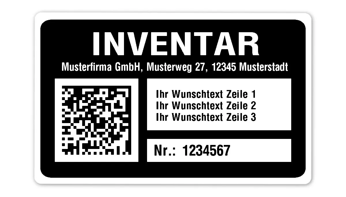 Inventaretiketten Material:Polyethylen-Folie hochglänzend weiß Größe:80x50mm Kopfzeile:"Ihr Wunschtext" Barcode:DataMatrix Stellenanzahl:7-stellig Menge:100