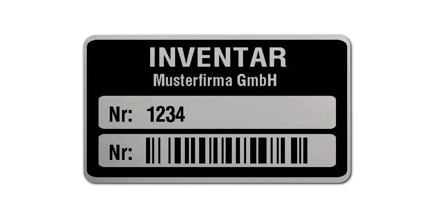 Inventaretiketten Material:Polyester-Folie Silberoptik matt Größe:45x25mm Kopfzeile:"Ihr Wunschtext" Barcode:128B Stellenanzahl:4-stellig Ausführung:1 Etikette pro Nummer Menge:1000