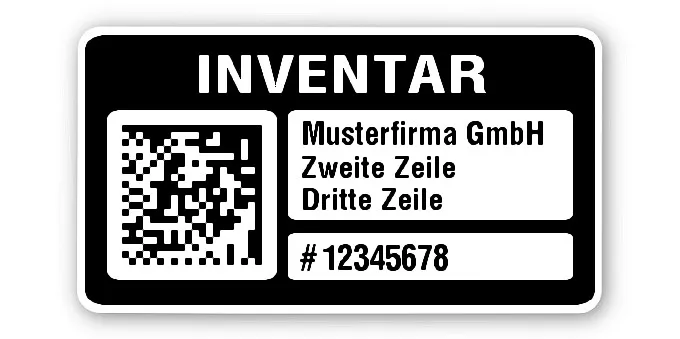 Inventaretiketten Material:Polyethylen-Folie hochglänzend weiß Größe:45x25mm Kopfzeile:"Ihr Wunschtext" Barcode:DataMatrix Stellenanzahl:8-stellig Menge:500
