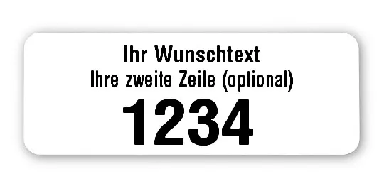 Universaletiketten Material:Folie weiß Größe:40x15mm Kopfzeile:"Ihr Wunschtext" Barcode:ohne Stellenanzahl:4-stellig Ausführung:2 Etiketten pro Nummer Etiketten je Rolle:500