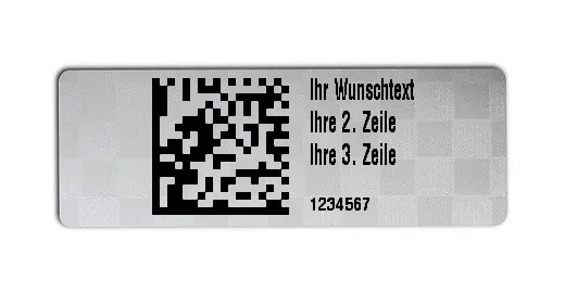 Universaletiketten Material:Siegeletikett Größe:36x13mm Kopfzeile:"Ihr Wunschtext" Barcode:DataMatrix Stellenanzahl:7-stellig Ausführung:2 Etiketten pro Nummer Etiketten je Rolle:500