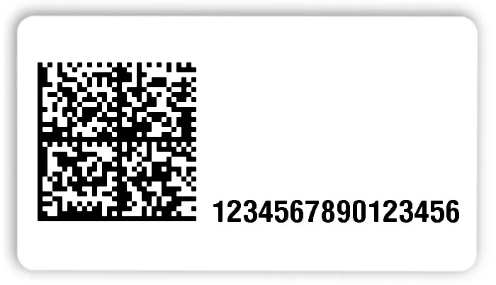 Universaletiketten Material:Folie hochglänzend weiß Größe:54x30mm Kopfzeile:"ohne" Barcode:DataMatrix Stellenanzahl:16-stellig Ausführung:4 Etiketten pro Nummer Menge:500