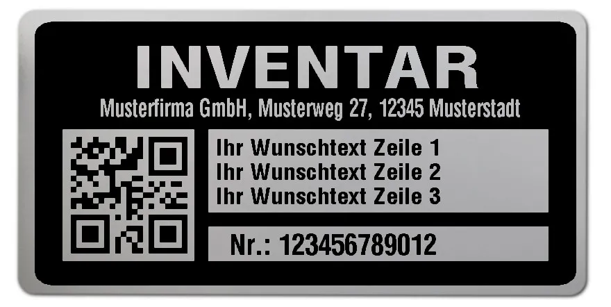 Inventaretiketten Material:Polyester-Folie Silberoptik matt Größe:68x34mm Kopfzeile:"Ihr Wunschtext" Barcode:QR Stellenanzahl:12-stellig Menge:500