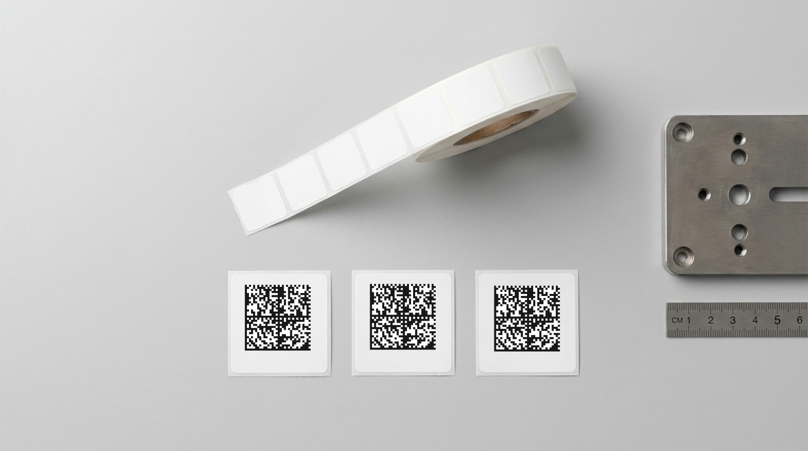 Quadratische Etiketten mit DataMatrix-Code neben einer Etikettenrolle und einem Bauteil