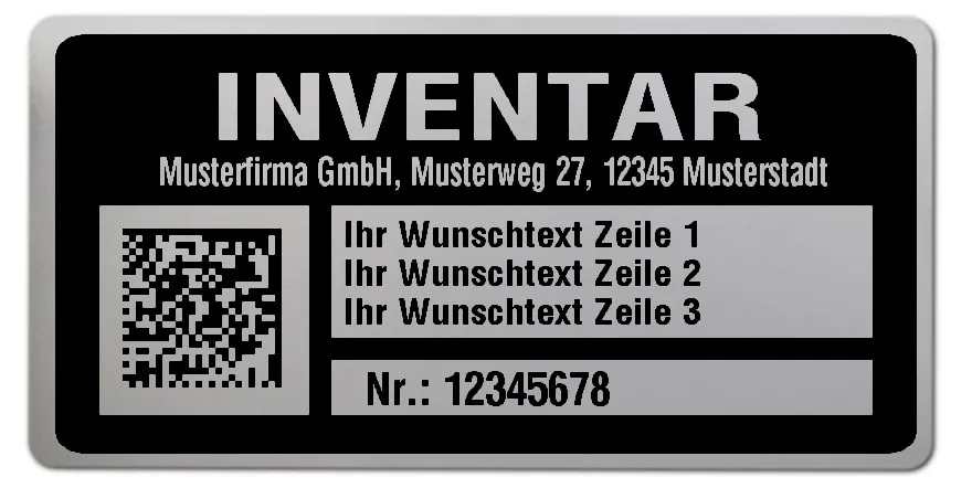 Inventaretiketten Material:Polyester-Folie Silberoptik matt Größe:68x34mm Kopfzeile:"Ihr Wunschtext" Barcode:DataMatrix Stellenanzahl:8-stellig Menge:1000