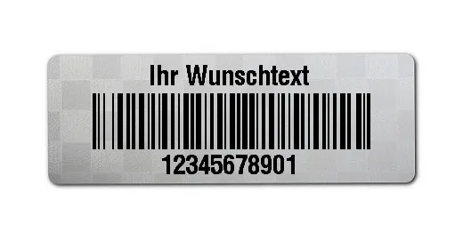 Siegeletiketten Material:Polyester-Folie Silberoptik Siegeletikette Größe:36x13mm Kopfzeile:"Ihr Wunschtext" Barcode:128B Stellenanzahl:11-stellig Menge:1000