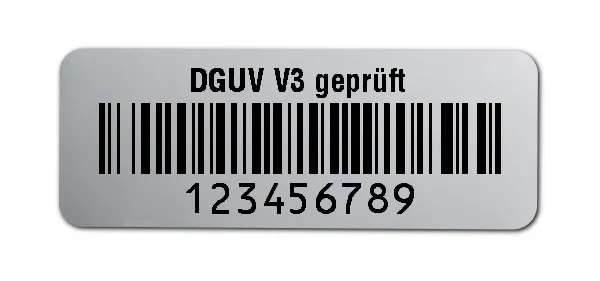 Prüfetiketten Material:Polyester-Folie Silberoptik matt Größe:40x15mm Kopfzeile:"DGUV V3 geprüft" Barcode:128B Stellenanzahl:9-stellig Ausführung:1 Etikette pro Nummer Menge:500