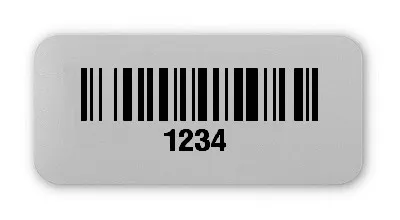 Universaletiketten Material:Folie silber matt Größe:26x12mm Kopfzeile:"ohne" Barcode:128B Stellenanzahl:4-stellig Ausführung:4 Etiketten pro Nummer Menge:1000