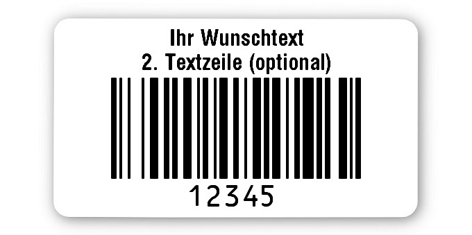 500x Prüfetiketten Folie weiß, 45x25mm, 128B 5-stellig ff, Ihr Wunschtext, 1 Etikett pro Nummer