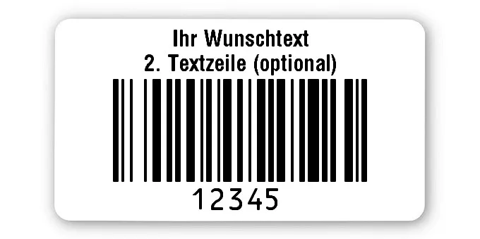 Prüfetiketten Material:Polyethylen-Folie hochglänzend weiß Größe:45x25mm Kopfzeile:"Ihr Wunschtext" Barcode:128B Stellenanzahl:5-stellig Ausführung:1 Etikette pro Nummer Menge:500