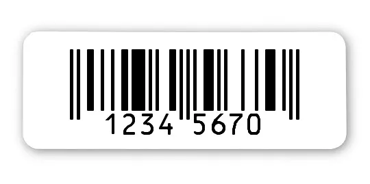 EAN Etiketten Material:Polyethylen-Folie hochglänzend weiß Größe:40x15mm Kopfzeile:"ohne" Barcode:EAN 8 Stellenanzahl:8-stellig Menge:1000
