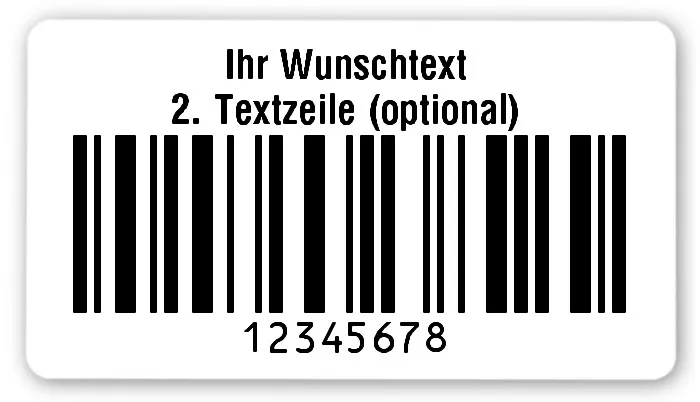 Universaletiketten Material:Polyethylen-Folie hochglänzend weiß Größe:54x30mm Kopfzeile:"Ihr Wunschtext" Barcode:128C Stellenanzahl:8-stellig Ausführung:1 Etikette pro Nummer Menge:1000