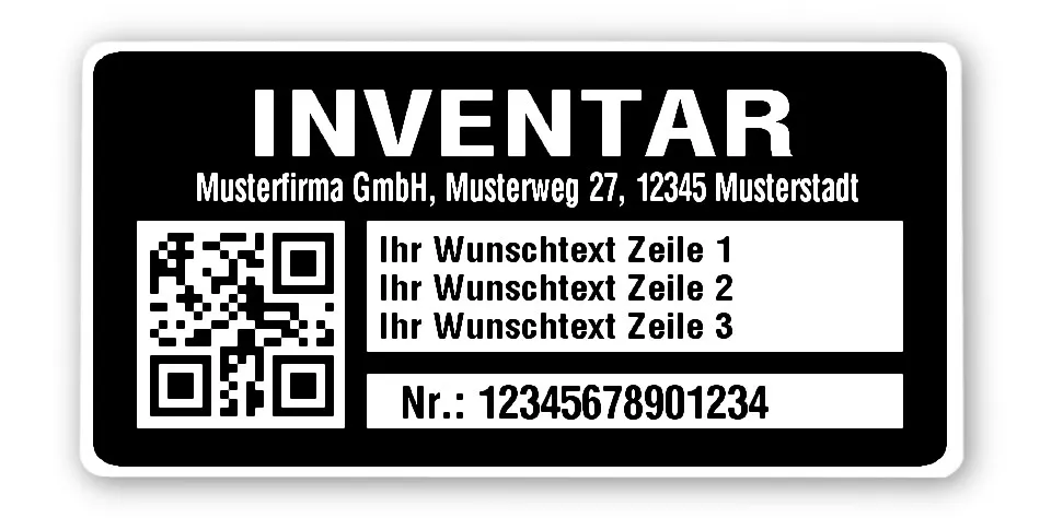 Inventaretiketten Material:Polyethylen-Folie hochglänzend weiß Größe:68x34mm Kopfzeile:"Ihr Wunschtext" Barcode:QR Stellenanzahl:14-stellig Menge:500