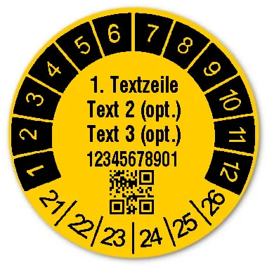 Produktbild:Prüfetiketten Material:Folie gelb Größe:Ø 30mm Kopfzeile:"Ihr Wunschtext" Barcode:QR Stellenanzahl:11-stellig Ausführung:1 Etikett pro Nummer Etiketten je Rolle:1000
